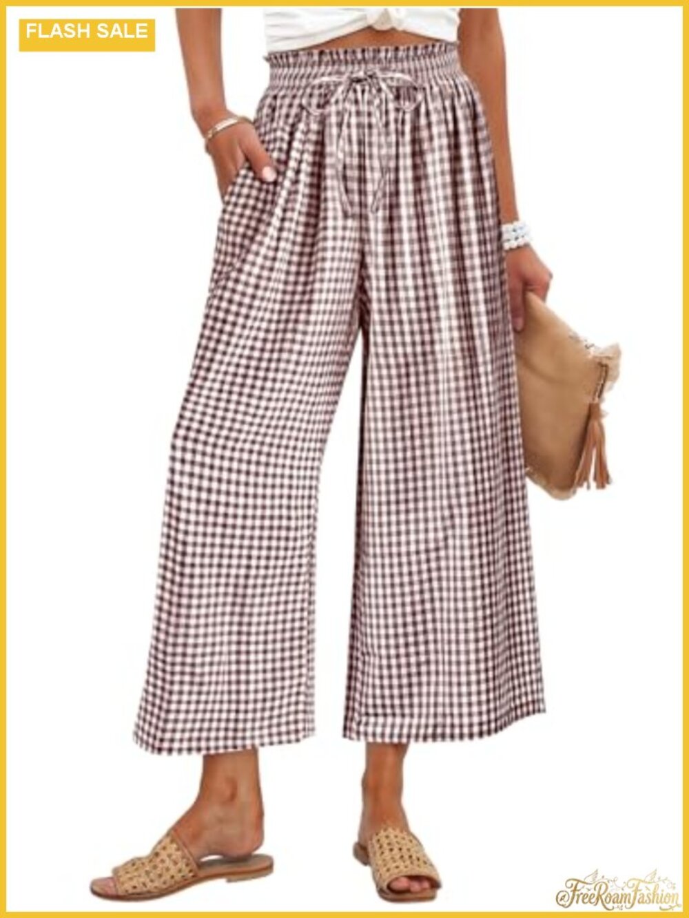 Women's Cropped Wide Leg Pants Drawstring Smocked Waist Pockets 100% Rayon